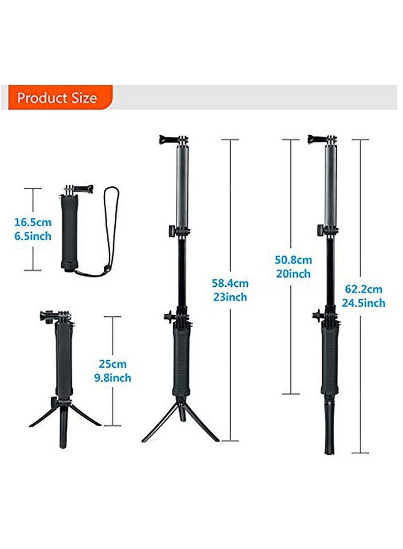3 Way Tripod for Go Pro Hero 10/9/8/7/6/5/4/3/2/1 Series and other Action Cameras, Detachable Extendable Selfie Stick Pole with Hand Grip Stand