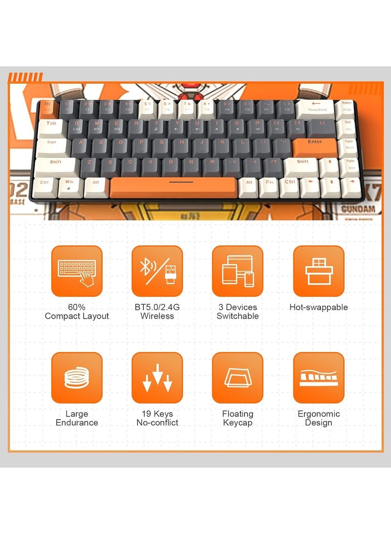 K68 Wireless Mechanical Keyboard, Bluetooth 5.0/2.4G 68-Key Hot Swappable Professional Keyboard with Keycap Puller, Red Switch for Mac Windows Milkshake Brown