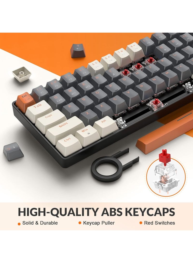 K68 Wireless Mechanical Keyboard, Bluetooth 5.0/2.4G 68-Key Hot Swappable Professional Keyboard with Keycap Puller, Red Switch for Mac Windows Milkshake Brown