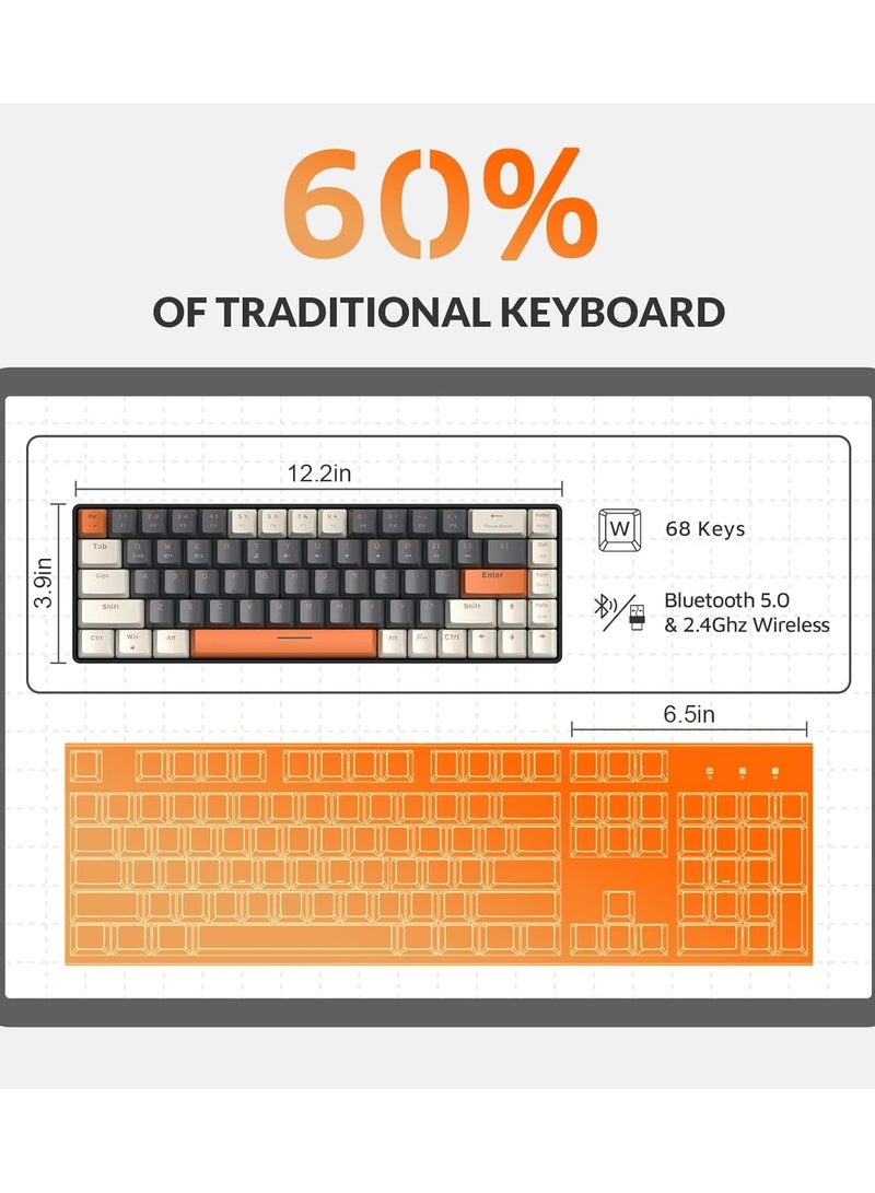 K68 Wireless Mechanical Keyboard, Bluetooth 5.0/2.4G 68-Key Hot Swappable Professional Keyboard with Keycap Puller, Red Switch for Mac Windows Milkshake Brown