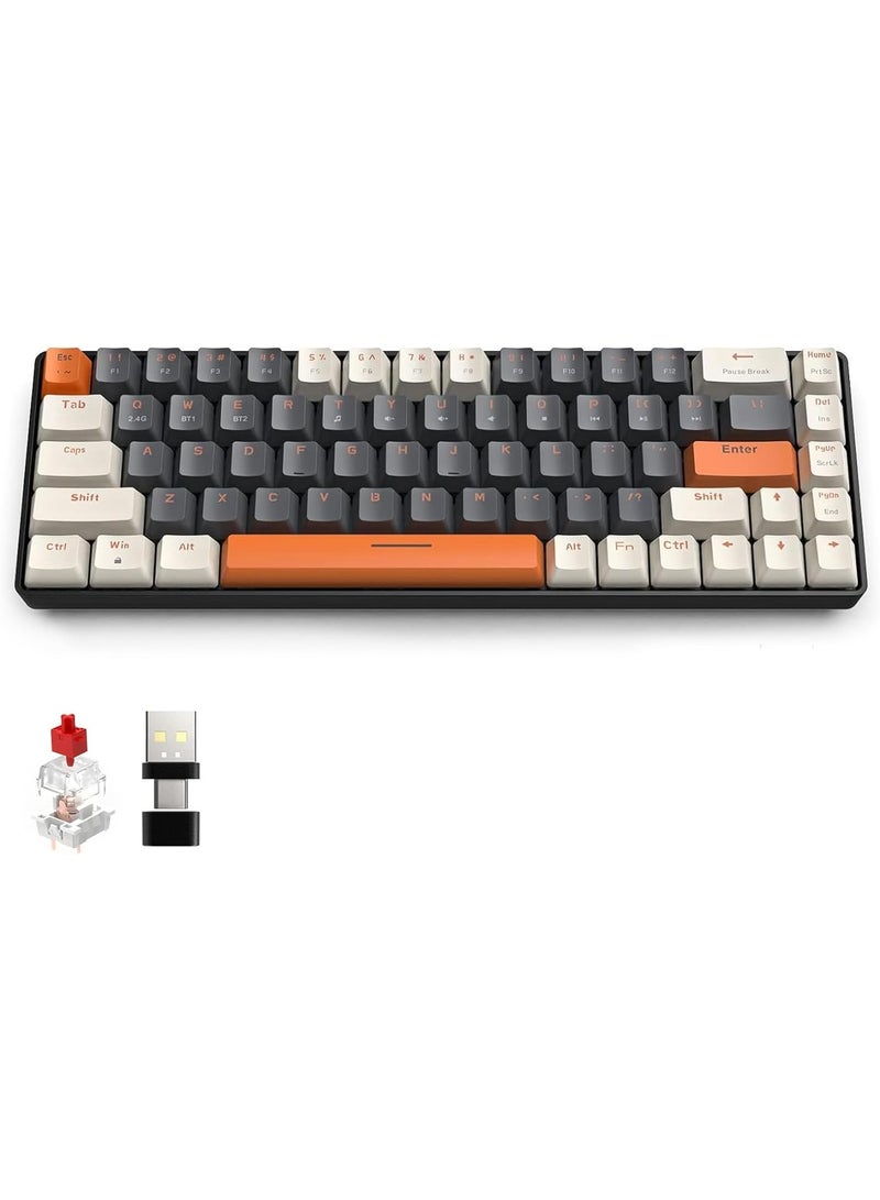 K68 Wireless Mechanical Keyboard, Bluetooth 5.0/2.4G 68-Key Hot Swappable Professional Keyboard with Keycap Puller, Red Switch for Mac Windows Milkshake Brown