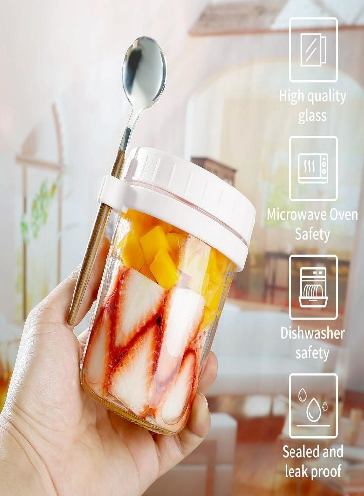 4Pcs Yogurt Cup Sealed Overnight Oatmeal Cup 350ml Breakfast Cup with Spoon Portable Glass Salad Tin