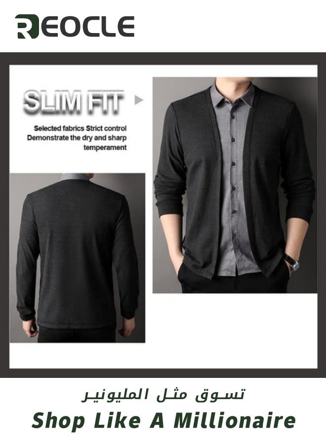 Mens Knit Cardigan Slim Fit Knitwear Shirt Collar Casual & Business Mock Two-piece Lightweight Kintted Cardigan Sweater