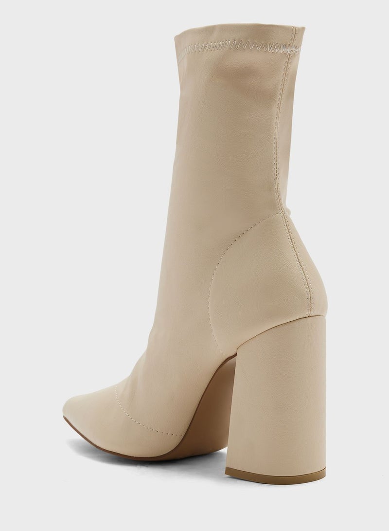 Pointed Block Heel Sock Boot