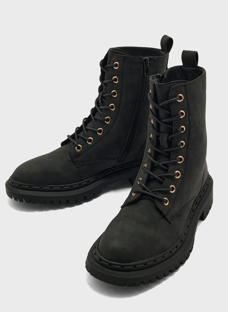 Faux Suede Military Boots