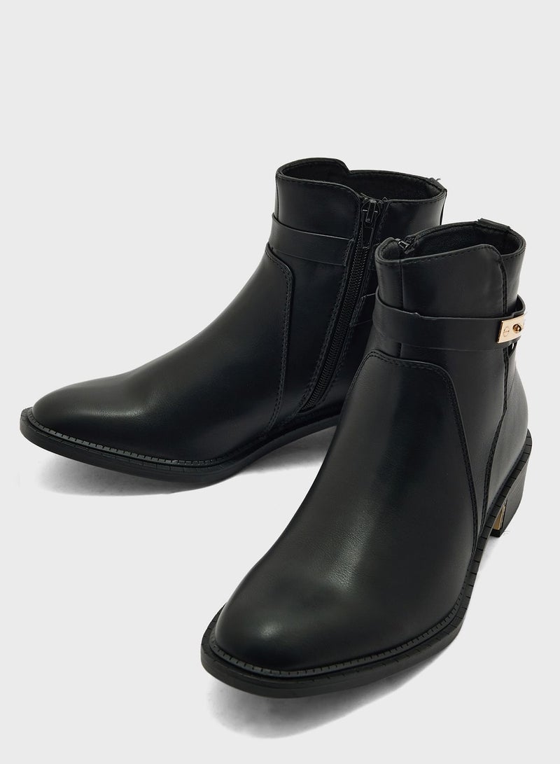 Black Pu Ankle Belt Ankle Boots