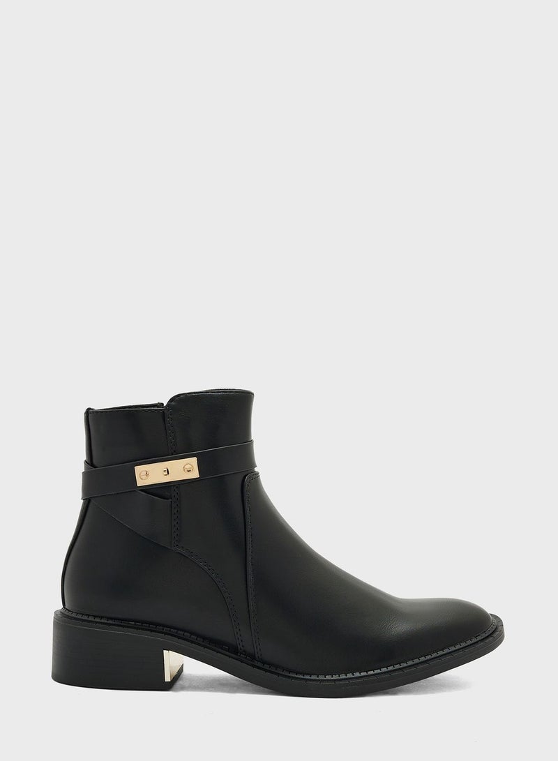 Black Pu Ankle Belt Ankle Boots