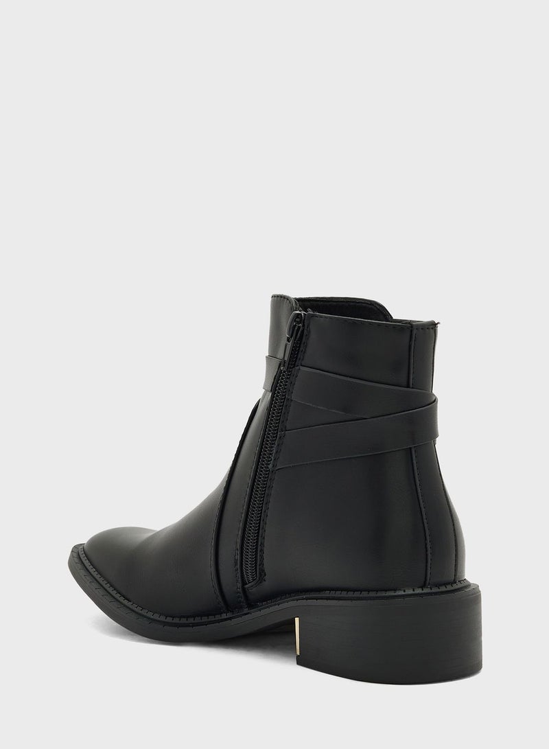 Black Pu Ankle Belt Ankle Boots