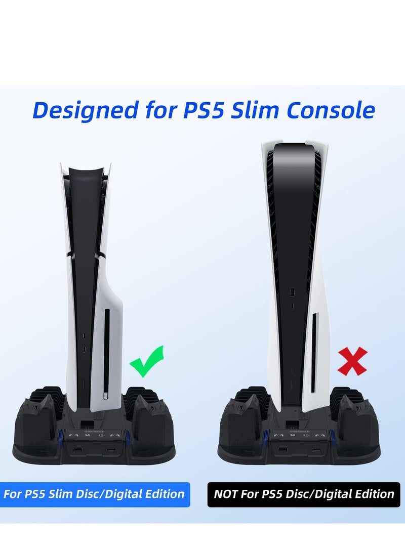 PS5 Slim Cooling Stand with Controller Charging Station for Playstation 5 Slim Console (Digital/Disc),  PS5 Slim Accessories Includes 3 Levels Cooling Fan, 12 Game Storage Slots, 2 USB Hubs