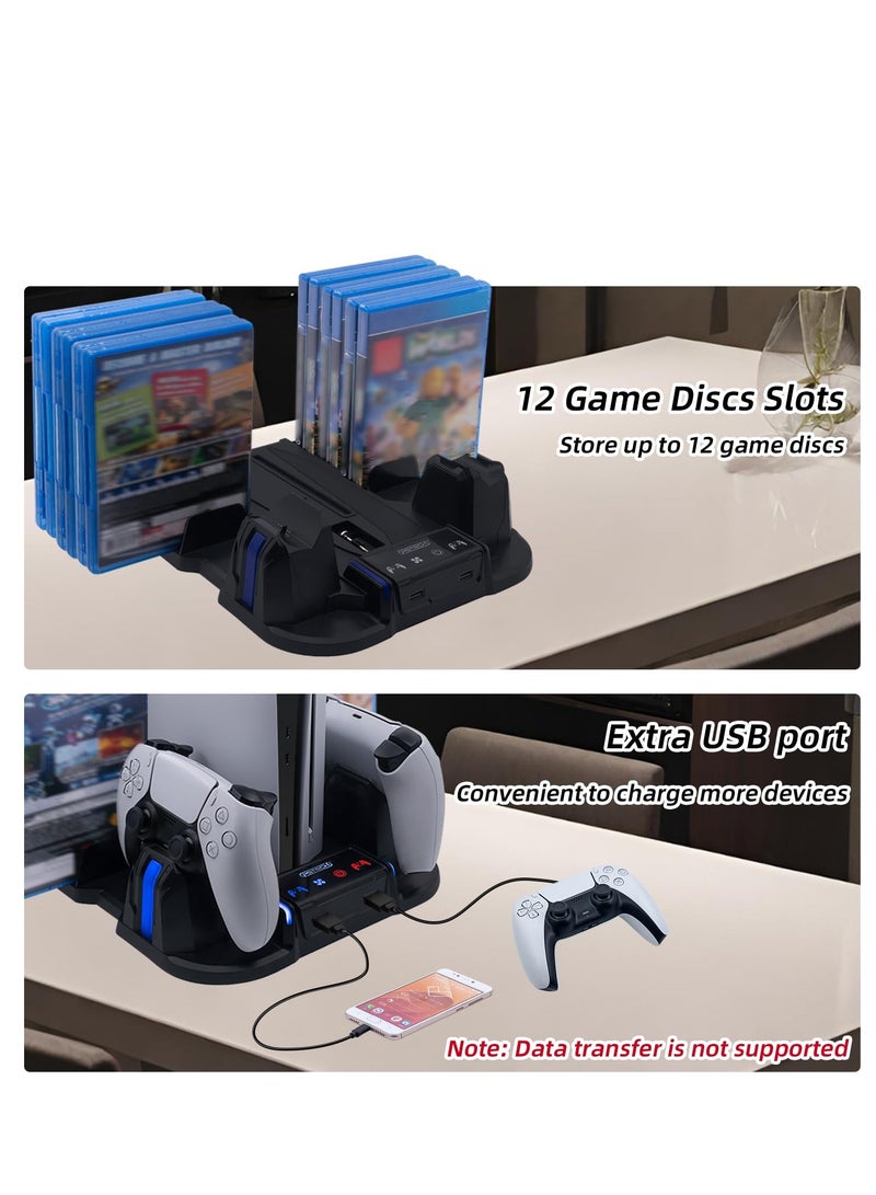 PS5 Slim Cooling Stand with Controller Charging Station for Playstation 5 Slim Console (Digital/Disc),  PS5 Slim Accessories Includes 3 Levels Cooling Fan, 12 Game Storage Slots, 2 USB Hubs