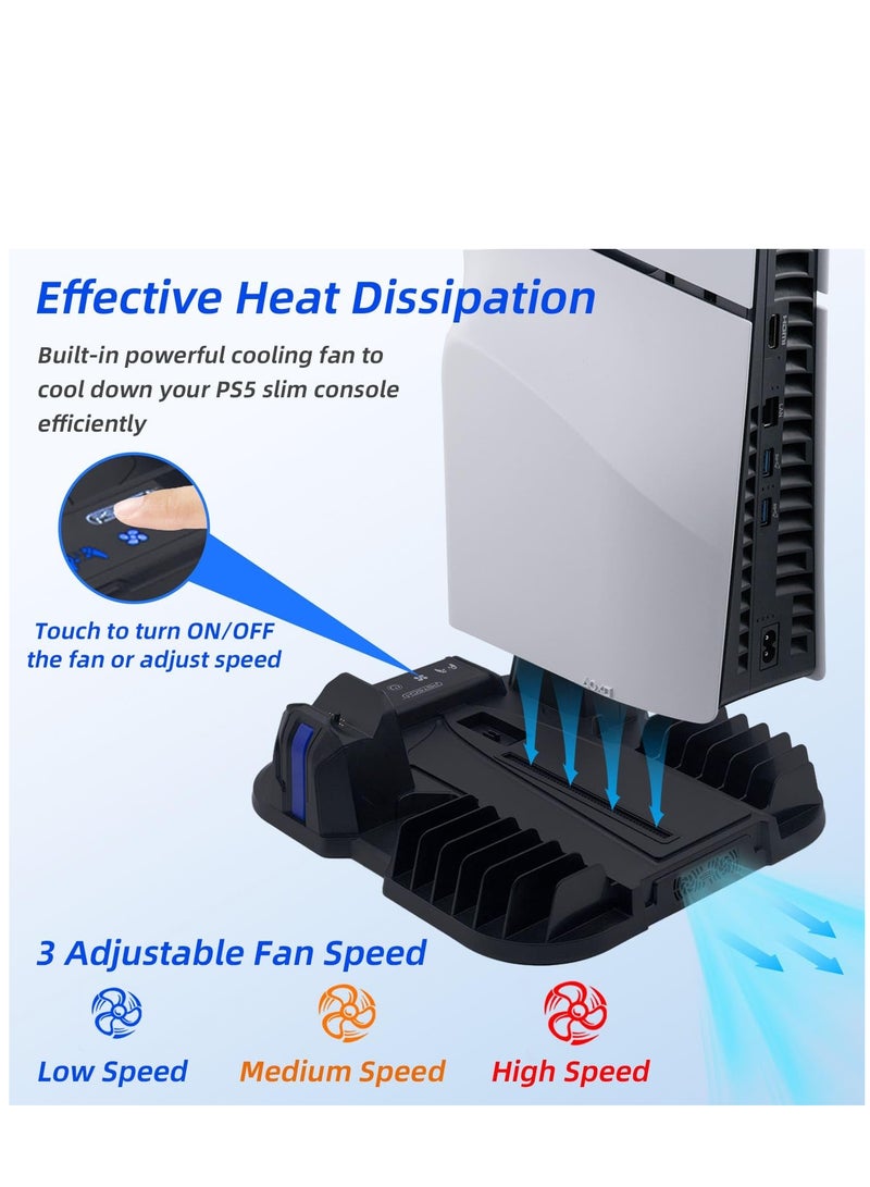 PS5 Slim Cooling Stand with Controller Charging Station for Playstation 5 Slim Console (Digital/Disc),  PS5 Slim Accessories Includes 3 Levels Cooling Fan, 12 Game Storage Slots, 2 USB Hubs