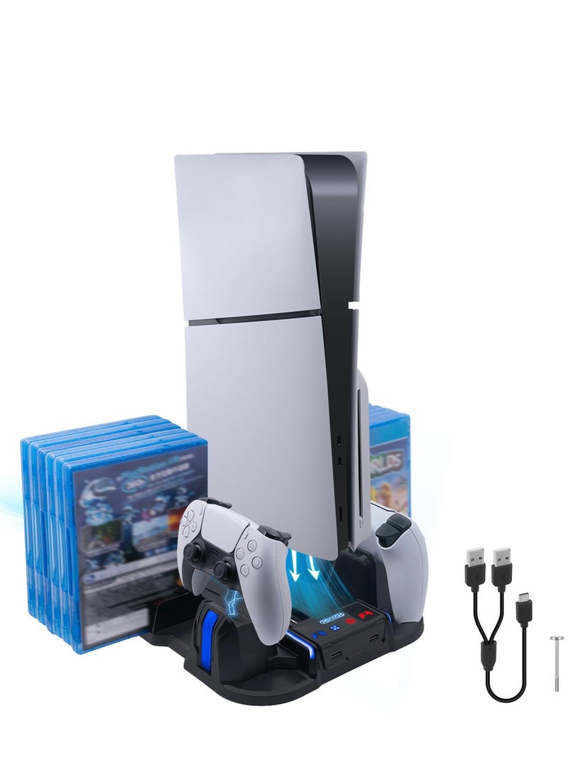 PS5 Slim Cooling Stand with Controller Charging Station for Playstation 5 Slim Console (Digital/Disc),  PS5 Slim Accessories Includes 3 Levels Cooling Fan, 12 Game Storage Slots, 2 USB Hubs