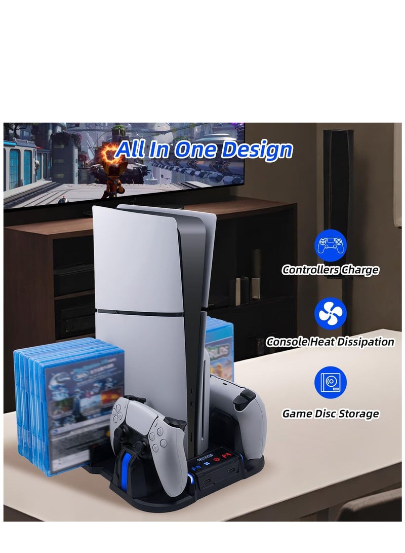 PS5 Slim Cooling Stand with Controller Charging Station for Playstation 5 Slim Console (Digital/Disc),  PS5 Slim Accessories Includes 3 Levels Cooling Fan, 12 Game Storage Slots, 2 USB Hubs