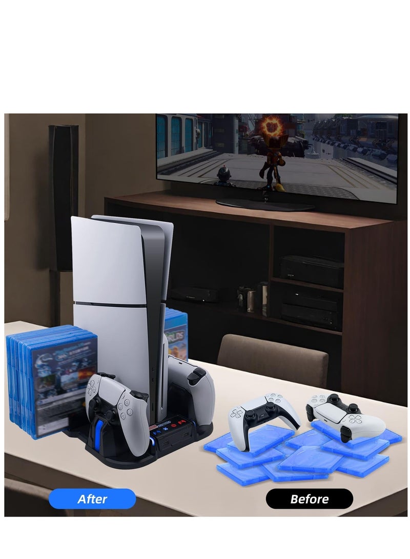 PS5 Slim Cooling Stand with Controller Charging Station for Playstation 5 Slim Console (Digital/Disc),  PS5 Slim Accessories Includes 3 Levels Cooling Fan, 12 Game Storage Slots, 2 USB Hubs