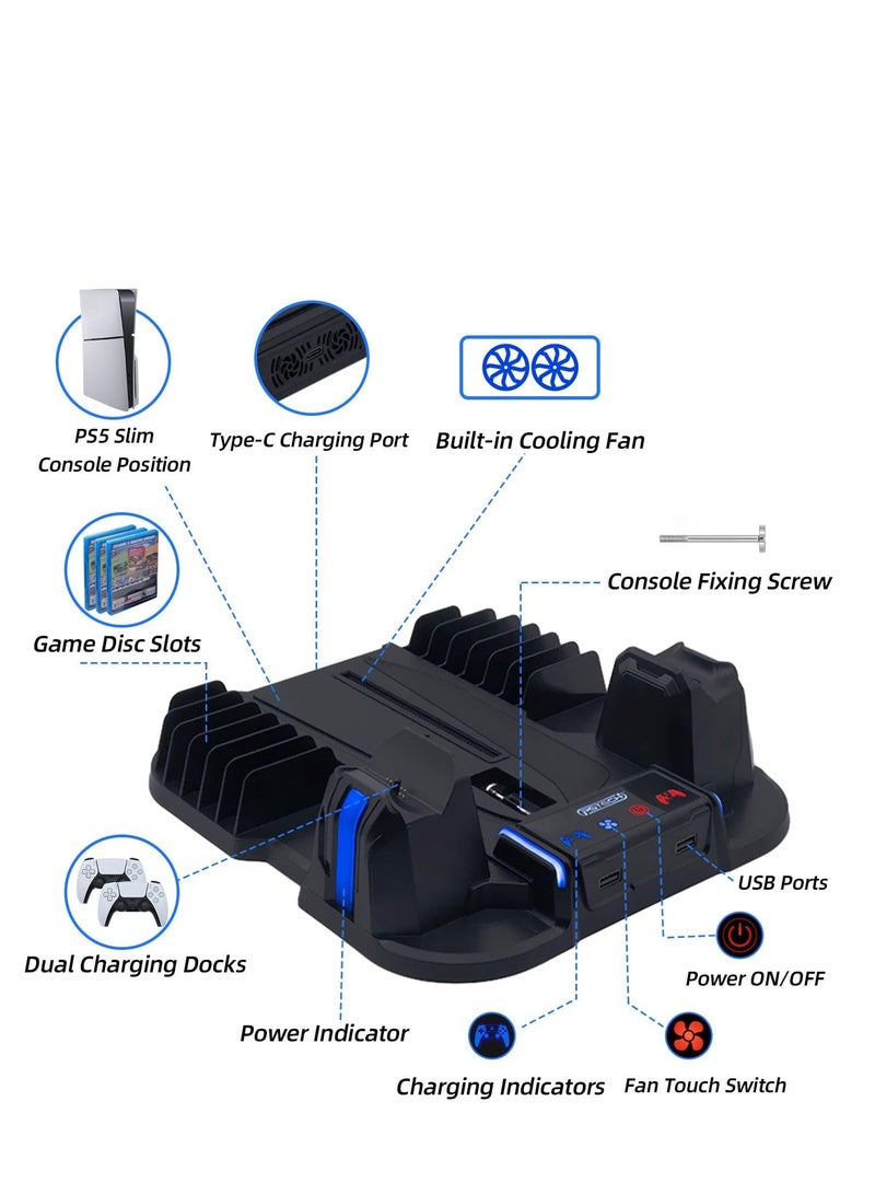 PS5 Slim Cooling Stand with Controller Charging Station for Playstation 5 Slim Console (Digital/Disc),  PS5 Slim Accessories Includes 3 Levels Cooling Fan, 12 Game Storage Slots, 2 USB Hubs