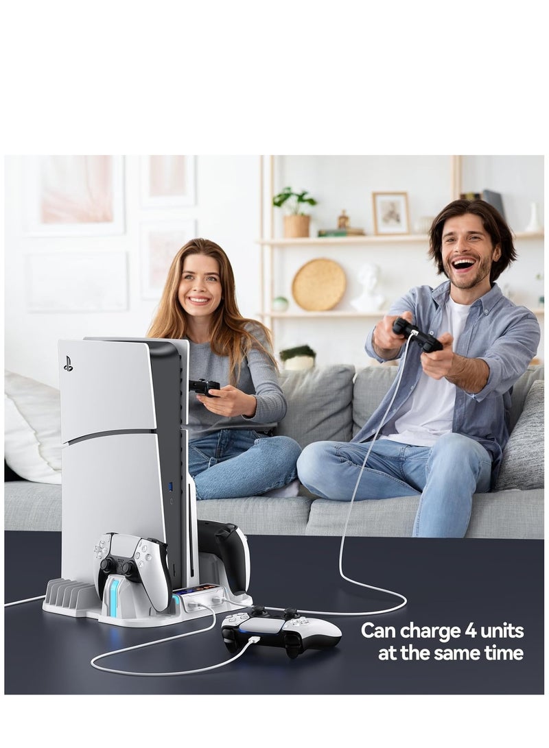 PS5 Slim Cooling Stand with Controller Charging Station for Playsation 5 Slim Console(Digital/Disc), PS5 Slim Accessories Includes 3-Level Cooling Fan and 12Pcs Game Storage