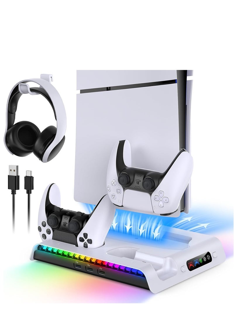 PS5 Slim Cooling Stand with Controller Charging Station for PS5 Slim Console (Digital/Disc), PlayStation 5 Slim Accessories Includes RGB Lights & Headset Hook, 3-Level Silent Fan, 3 USB Port