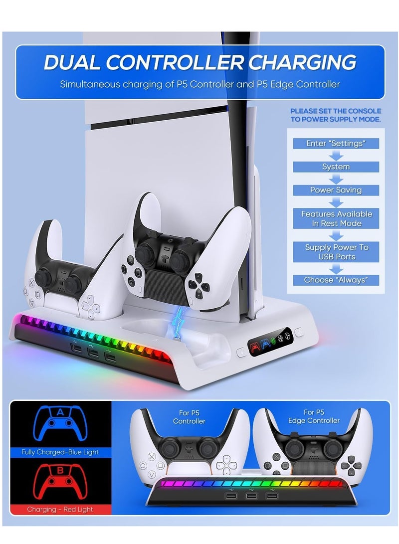 PS5 Slim Cooling Stand with Controller Charging Station for PS5 Slim Console (Digital/Disc), PlayStation 5 Slim Accessories Includes RGB Lights & Headset Hook, 3-Level Silent Fan, 3 USB Port