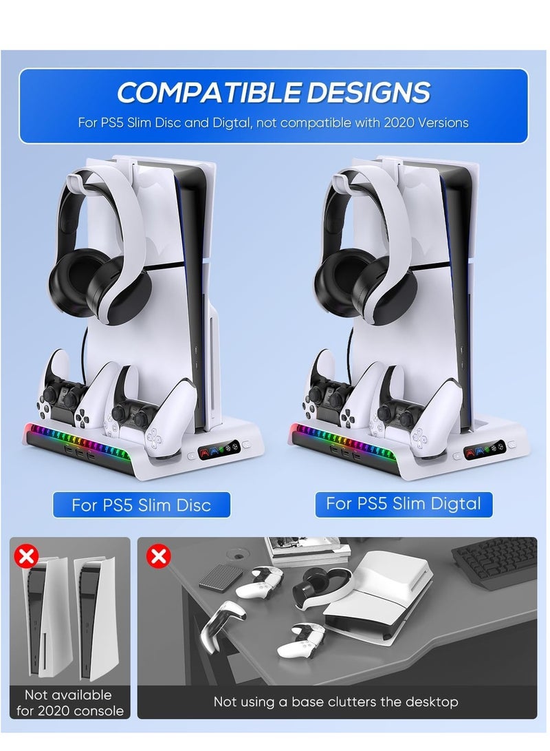 PS5 Slim Cooling Stand with Controller Charging Station for PS5 Slim Console (Digital/Disc), PlayStation 5 Slim Accessories Includes RGB Lights & Headset Hook, 3-Level Silent Fan, 3 USB Port