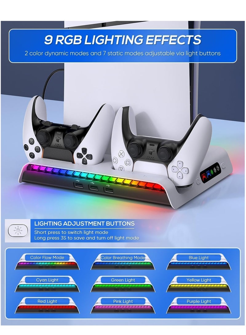 PS5 Slim Cooling Stand with Controller Charging Station for PS5 Slim Console (Digital/Disc), PlayStation 5 Slim Accessories Includes RGB Lights & Headset Hook, 3-Level Silent Fan, 3 USB Port