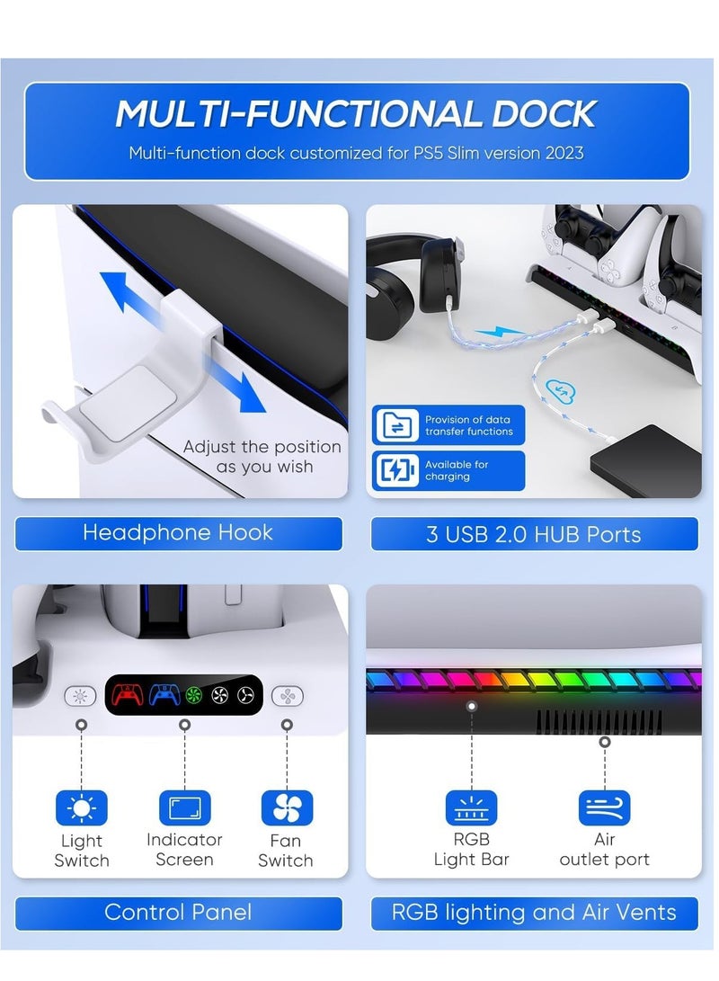 PS5 Slim Cooling Stand with Controller Charging Station for PS5 Slim Console (Digital/Disc), PlayStation 5 Slim Accessories Includes RGB Lights & Headset Hook, 3-Level Silent Fan, 3 USB Port