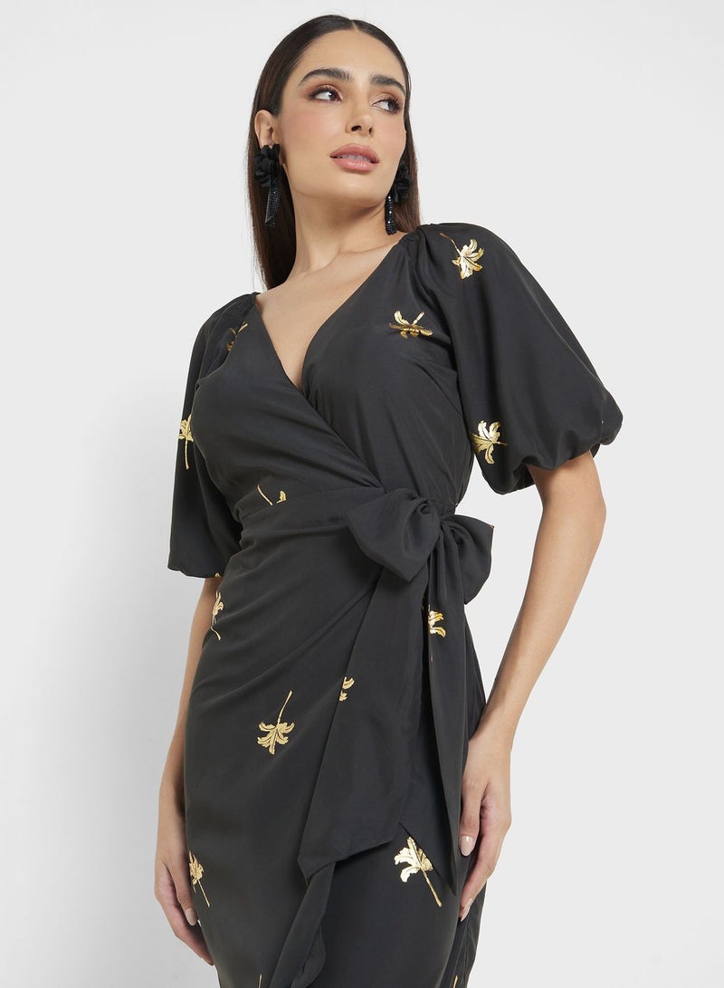 Balloon Sleeve Drawstring Detail Wrap Dress