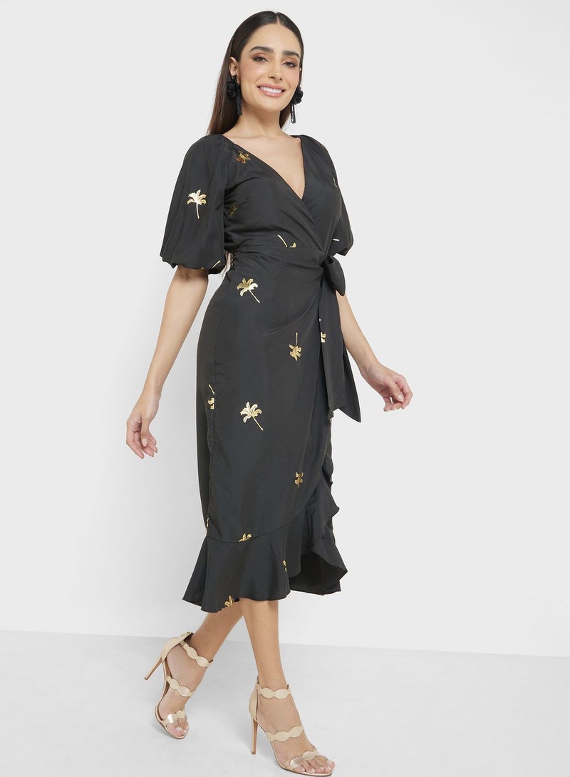 Balloon Sleeve Drawstring Detail Wrap Dress