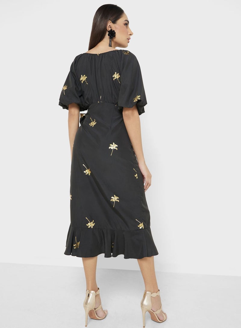 Balloon Sleeve Drawstring Detail Wrap Dress