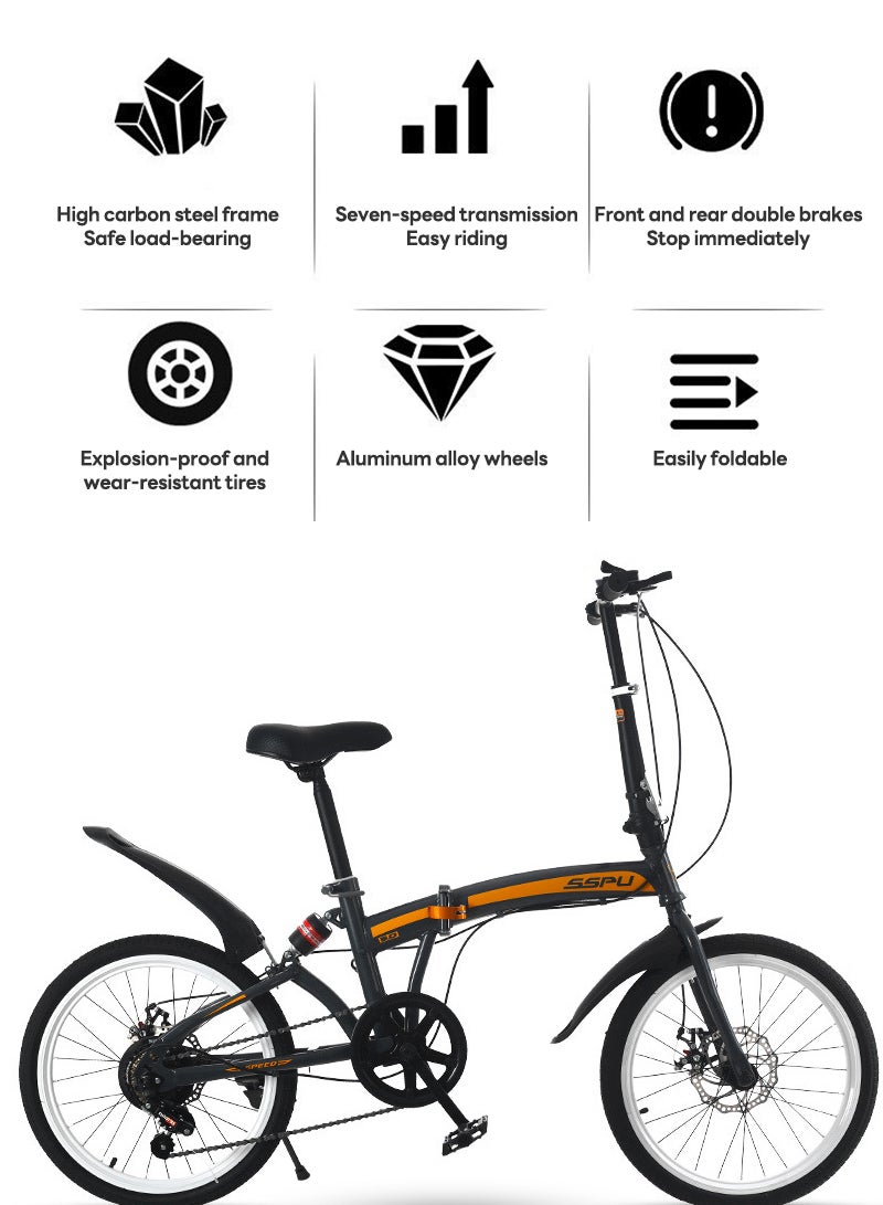 20in Folding Bike, 7 Speed Foldable City Bike, Carbon Steel Bicycle for Adults, Foldable Bicycle with Adjustable Seats & Disc Brake for Traveling & Exercising