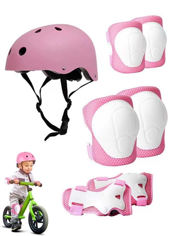 Kids Bike Helmet Set Skateboard Knee Pads Kids Helmet Elbow Pads Wrist Guards Adjustable for 2~8yrs Girl Boy Kids Protective Gear Set for Sport Cycling Bike Roller Skating Scooter (Pink)