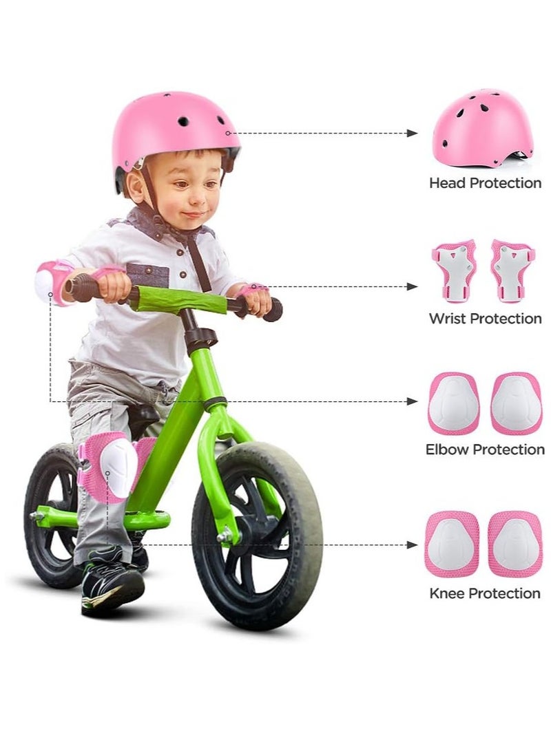 Kids Bike Helmet Set Skateboard Knee Pads Kids Helmet Elbow Pads Wrist Guards Adjustable for 2~8yrs Girl Boy Kids Protective Gear Set for Sport Cycling Bike Roller Skating Scooter (Pink)