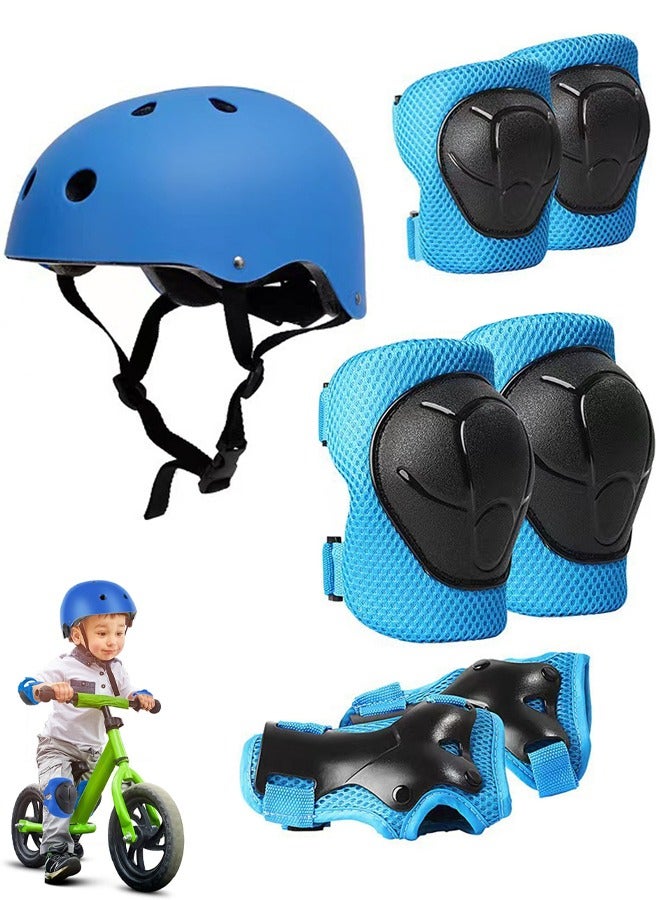 Kids Bike Helmet Set Skateboard Knee Pads Kids Helmet Elbow Pads Wrist Guards Adjustable for 2~8yrs Girl Boy Kids Protective Gear Set for Sport Cycling Bike Roller Skating Scooter (Blue)