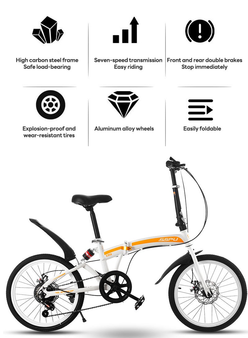 20in Folding Bike, 7 Speed Foldable City Bike, Carbon Steel Bicycle for Adults, Foldable Bicycle with Adjustable Seats & Disc Brake for Traveling & Exercising