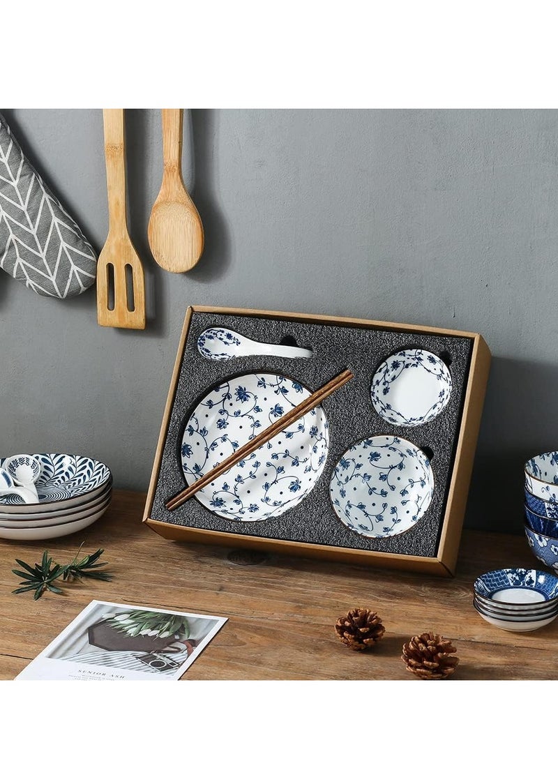 Blue and White Porcelain Dinnerware Set, Dishes, Bowl, Spoon, Chopsticks, Service for 1, Colorful Glazed Ceramic Set, Gift Box Packaging (Tang Grass)