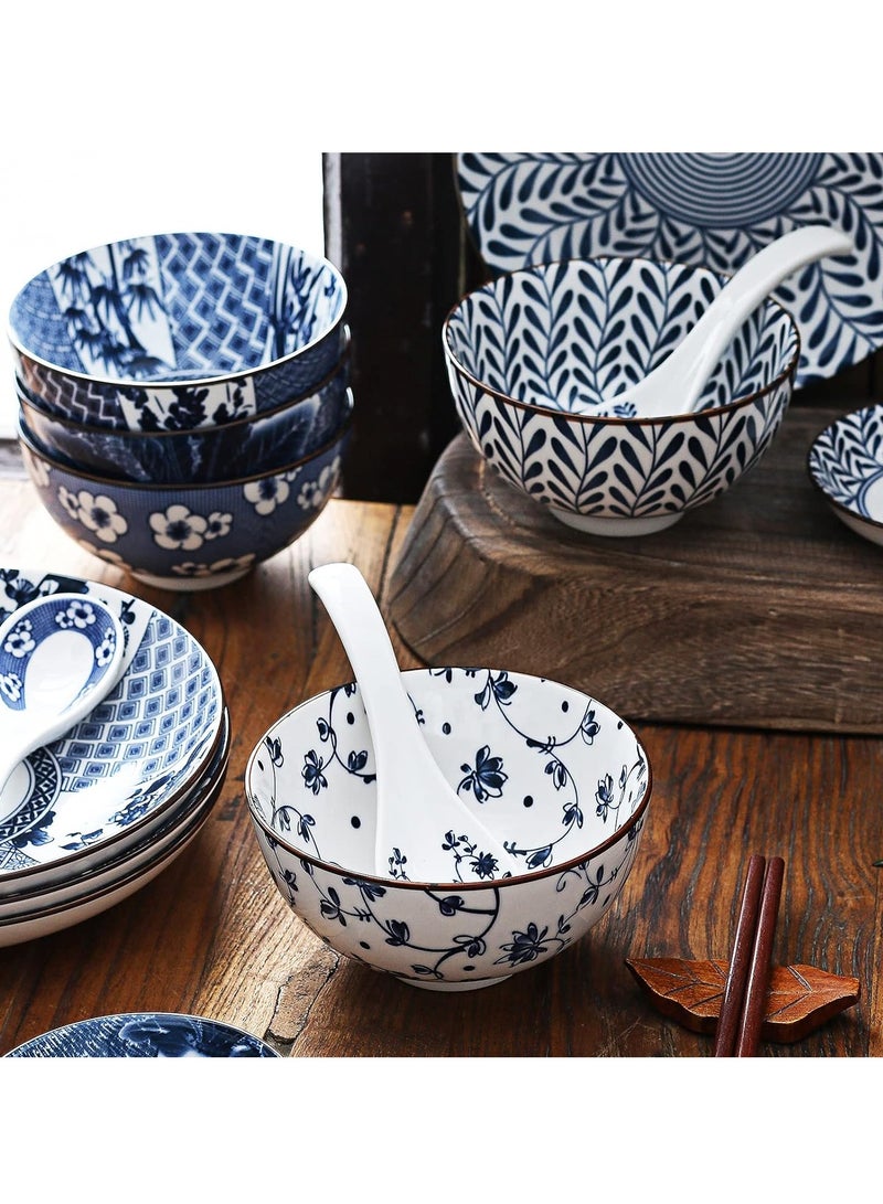 Blue and White Porcelain Dinnerware Set, Dishes, Bowl, Spoon, Chopsticks, Service for 1, Colorful Glazed Ceramic Set, Gift Box Packaging (Tang Grass)