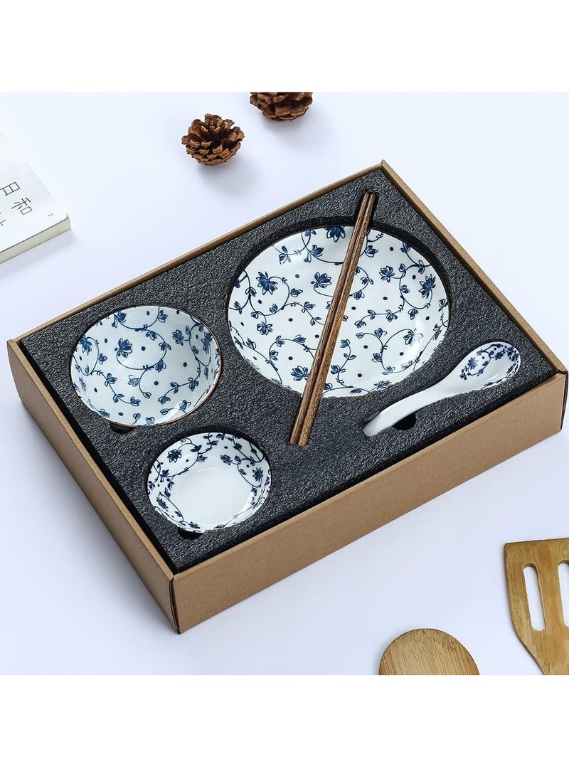 Blue and White Porcelain Dinnerware Set, Dishes, Bowl, Spoon, Chopsticks, Service for 1, Colorful Glazed Ceramic Set, Gift Box Packaging (Tang Grass)