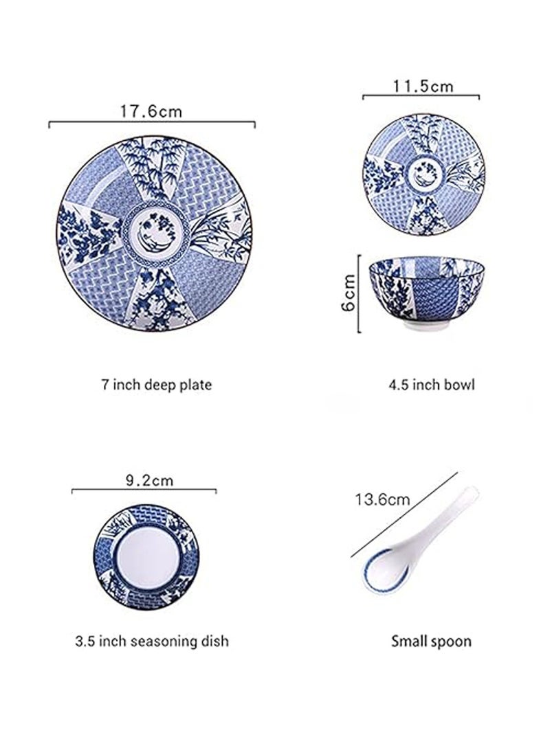 Blue and White Porcelain Dinnerware Set, Dishes, Bowl, Spoon, Chopsticks, Service for 1, Colorful Glazed Ceramic Set, Gift Box Packaging (Tang Grass)