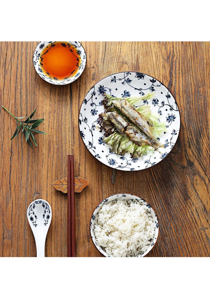 Blue and White Porcelain Dinnerware Set, Dishes, Bowl, Spoon, Chopsticks, Service for 1, Colorful Glazed Ceramic Set, Gift Box Packaging (Tang Grass)