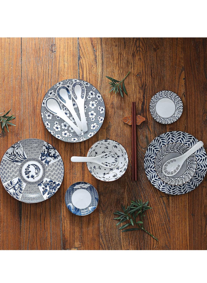 Blue and White Porcelain Dinnerware Set, Dishes, Bowl, Spoon, Chopsticks, Service for 1, Colorful Glazed Ceramic Set, Gift Box Packaging (Tang Grass)