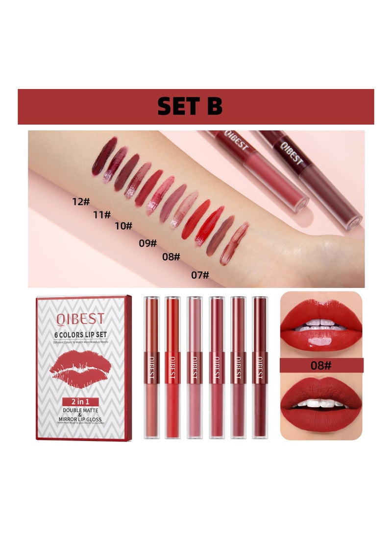 Double Head Lip Gloss Set 6 Colors Matte Liquid Lipstick and Mirror 2 IN 1 Hydrated Velvet Nude Beauty Cosmetics Makeup Kit