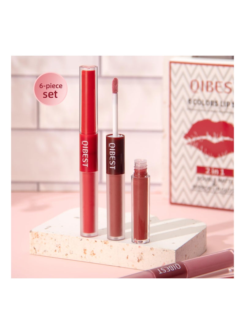 Double Head Lip Gloss Set 6 Colors Matte Liquid Lipstick and Mirror 2 IN 1 Hydrated Velvet Nude Beauty Cosmetics Makeup Kit