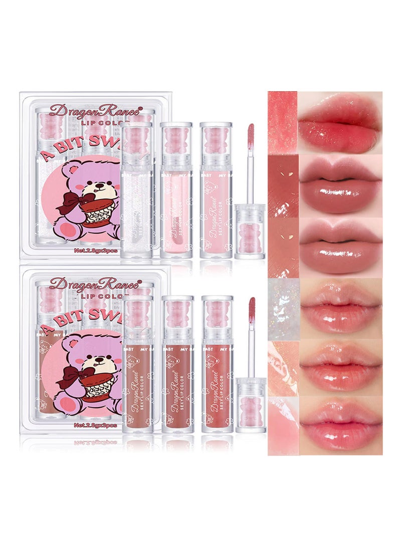 6 Colors Bear Lip Glaze Jelly Gloss Tinted Set Shiny Glitter Pearl Moisturizing Oil Lipstick Plumping Clear Makeup for Women Girls