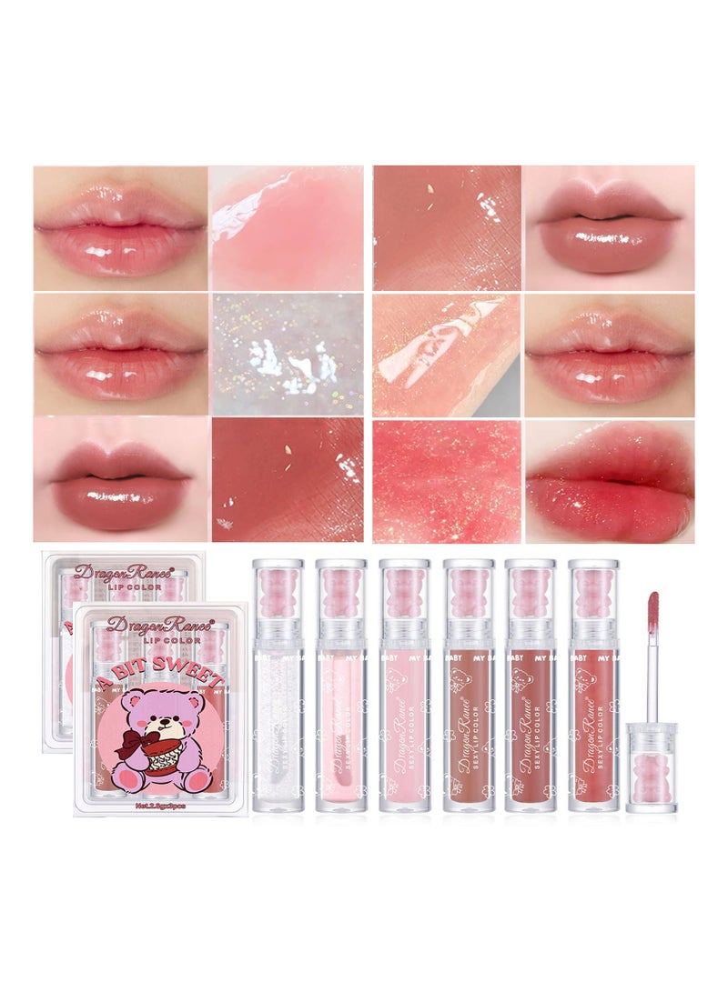 6 Colors Bear Lip Glaze Jelly Gloss Tinted Set Shiny Glitter Pearl Moisturizing Oil Lipstick Plumping Clear Makeup for Women Girls