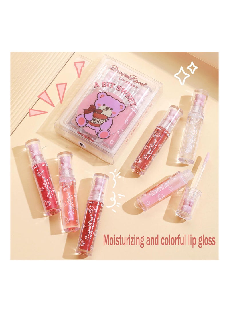 6 Colors Bear Lip Glaze Jelly Gloss Tinted Set Shiny Glitter Pearl Moisturizing Oil Lipstick Plumping Clear Makeup for Women Girls