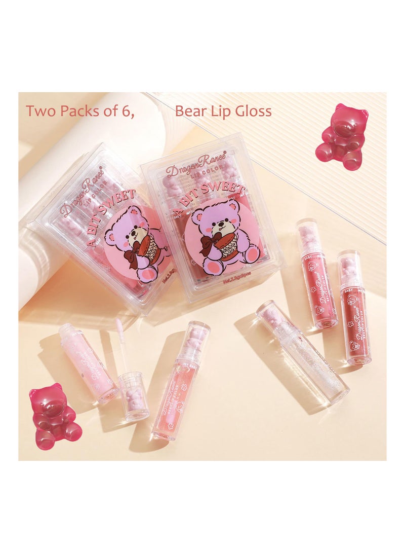 6 Colors Bear Lip Glaze Jelly Gloss Tinted Set Shiny Glitter Pearl Moisturizing Oil Lipstick Plumping Clear Makeup for Women Girls