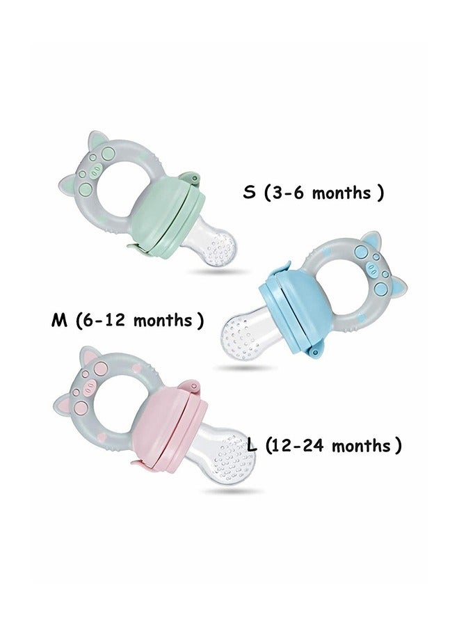 Baby Fresh Fruit Food Feeder Nibbler Pacifier, Piggy Handle Training Massaging Toy Teether, Food Grade Soft Safe BPA-Free Silicone Pouches, Babies Toddlers Infants Kids 3 Pack