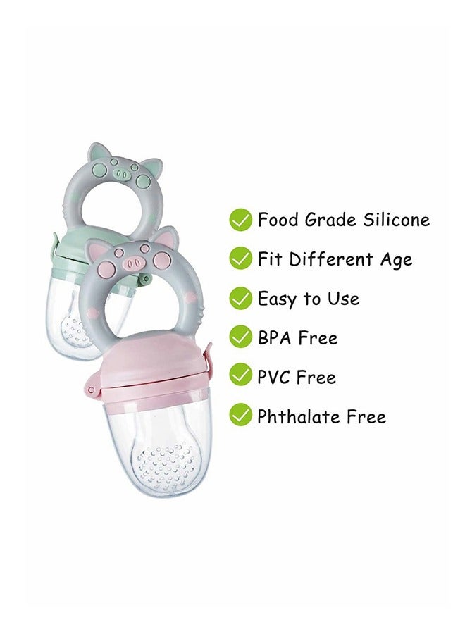 Baby Fresh Fruit Food Feeder Nibbler Pacifier, Piggy Handle Training Massaging Toy Teether, Food Grade Soft Safe BPA-Free Silicone Pouches, Babies Toddlers Infants Kids 3 Pack