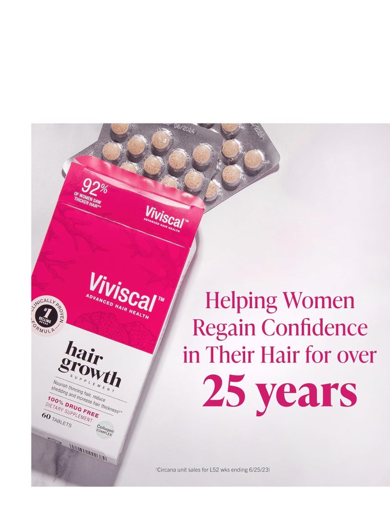 Viviscal Hair Growth Supplements for Women to Grow Thicker, Fuller Hair, Clinically Proven with Proprietary Collagen Complex, 60 Count (Pack of 1), 1 Month Supply