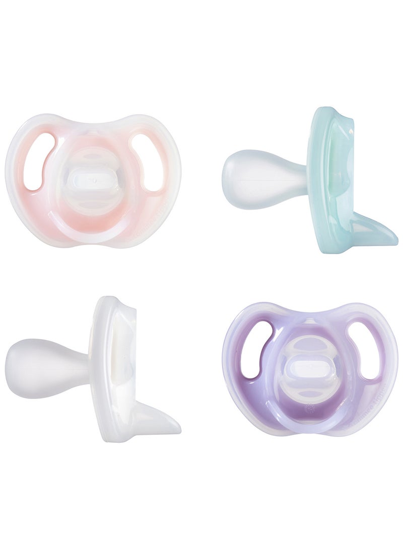 Pack Of 4 Symmetrical Orthodontic Ultra-Light Silicone Soother Dummies, 0 - 6 Months, Girl