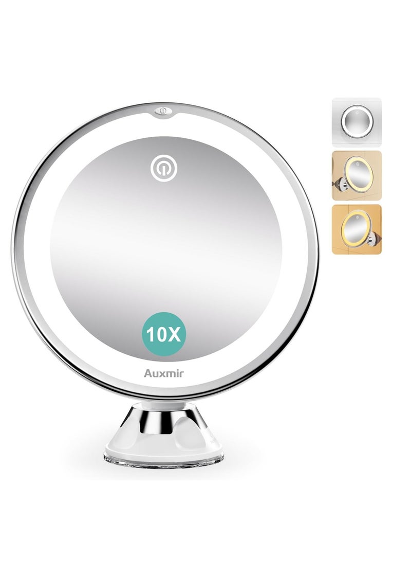 Upgraded 10X Magnifying Lighted Makeup Mirror with 3 Color Lights, Touch Control, Dimmable Lighted Vanity Mirror with Power Suction Cup, 360° Swivel, Portable Bathroom Mirror for Home Travel